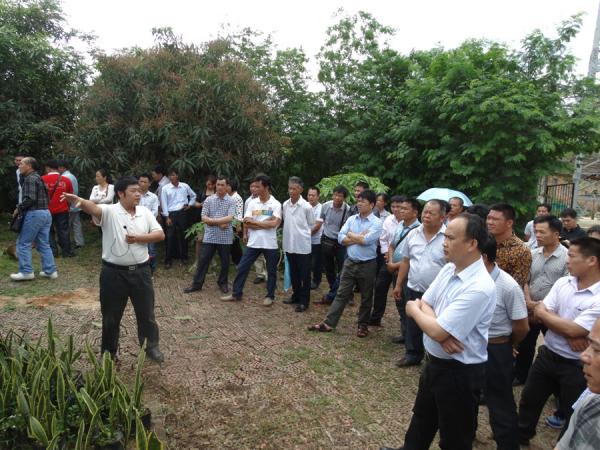 热作所科技人员向来访农民学员介绍芒果品种资源圃